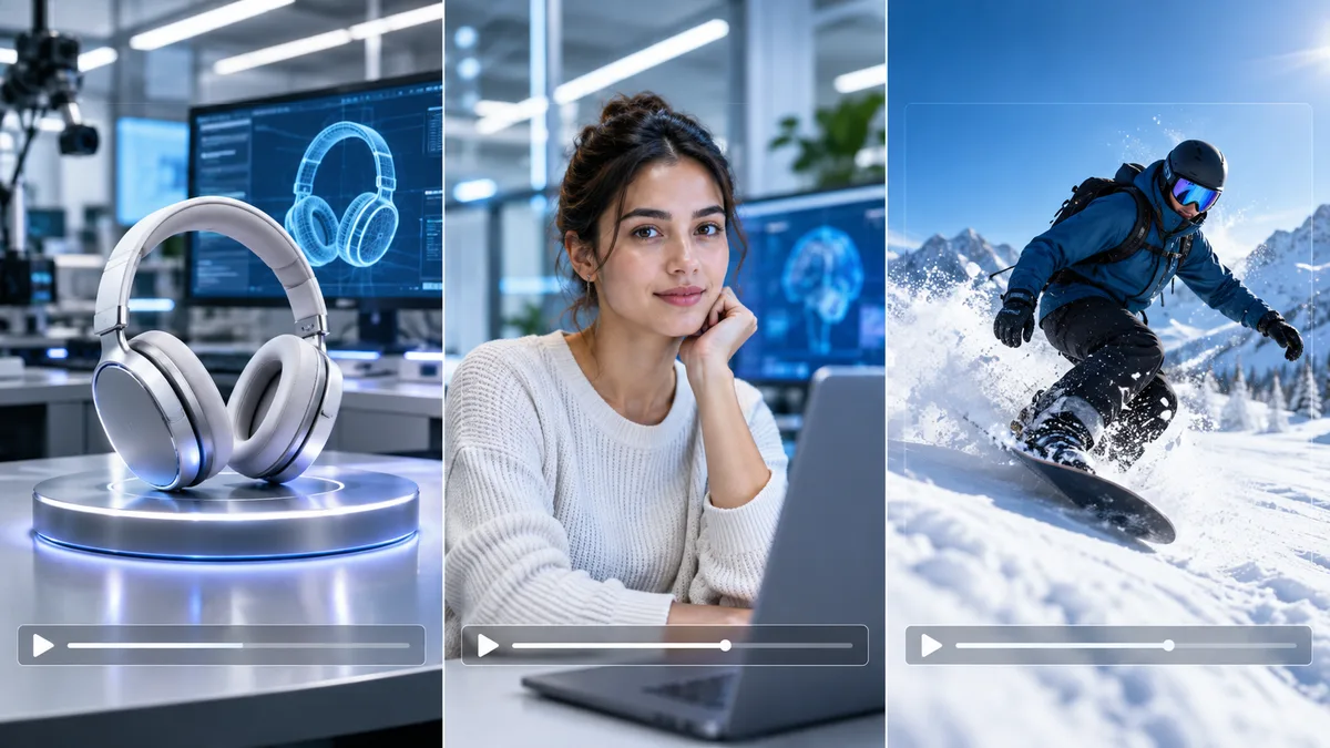 Three AI video generation frames compared side by side in a technology laboratory