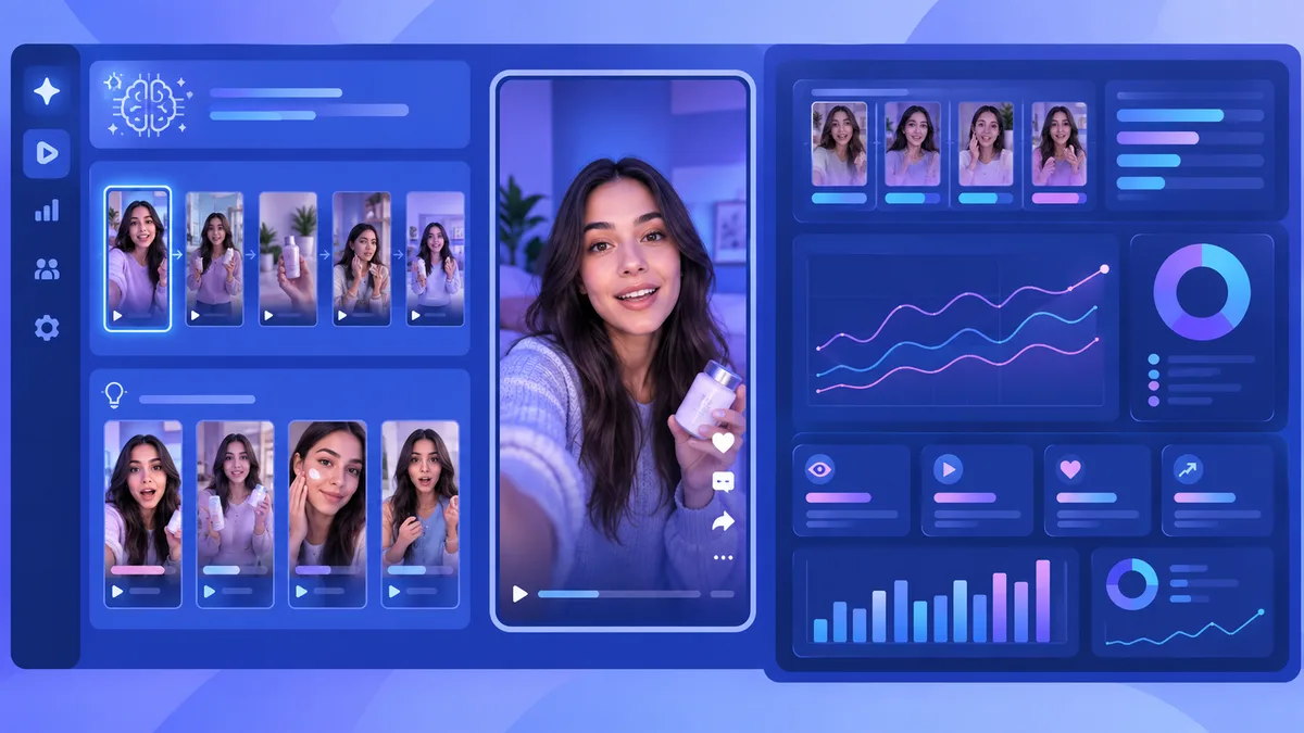 AI UGC Ads Creator Dashboard showing video marketing analytics