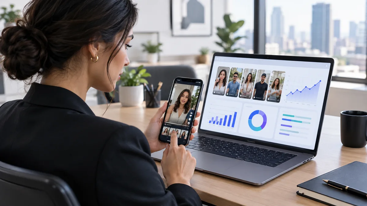 Marketing professional analyzing AI UGC ad performance on a smartphone