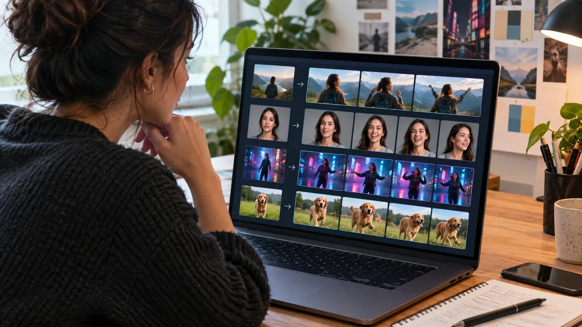 Social media manager comparing different AI video prompts on a laptop screen for Kling AI