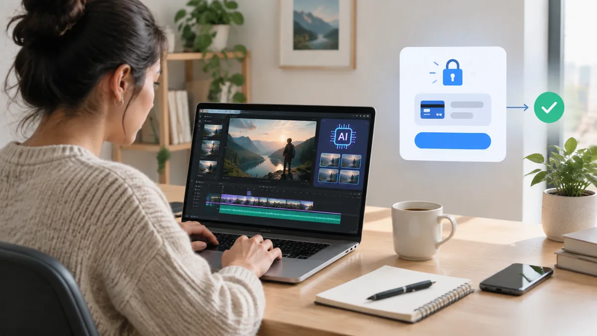 Freelancer generating an AI video on a laptop and paying with a secure online payment