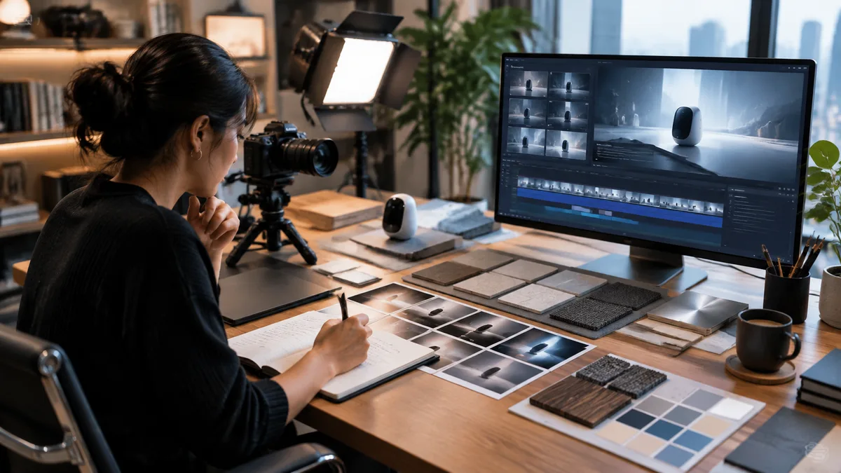 Professional designer defining keywords for an AI product video prompt