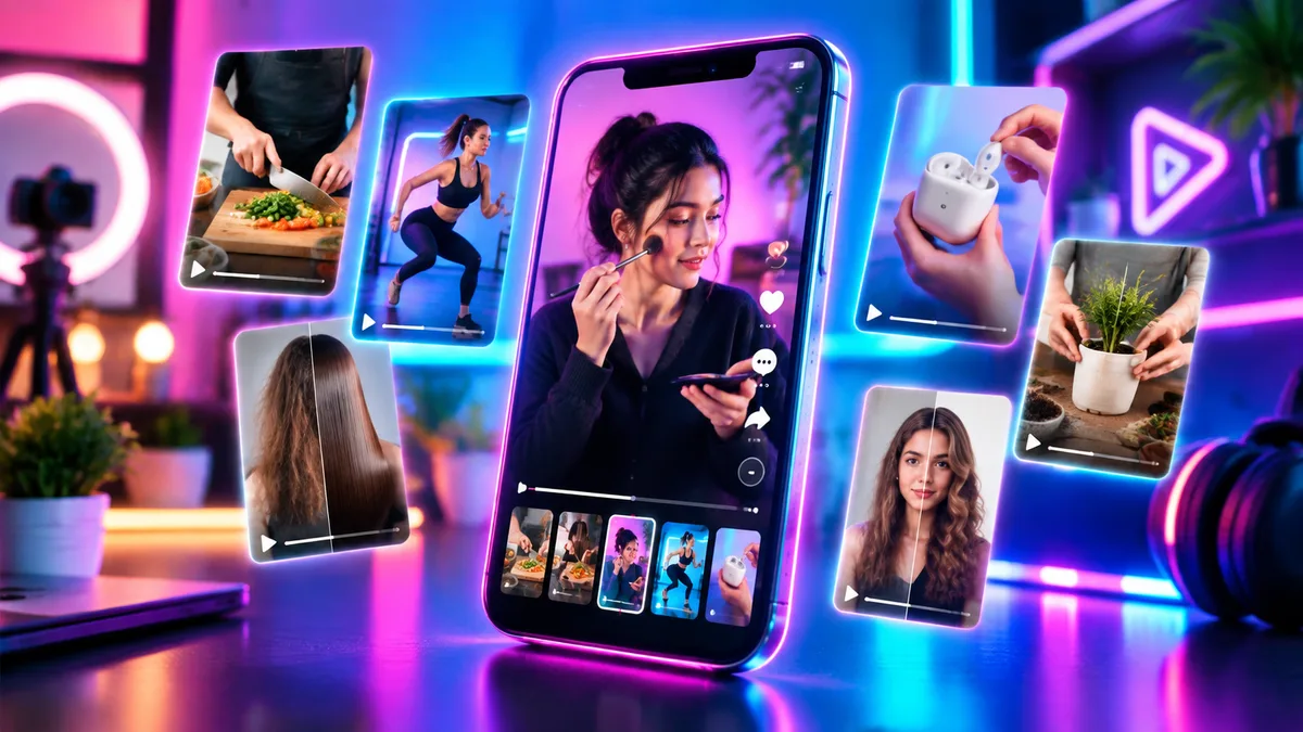 Glowing smartphone screen displaying a viral TikTok video feed using AI generator