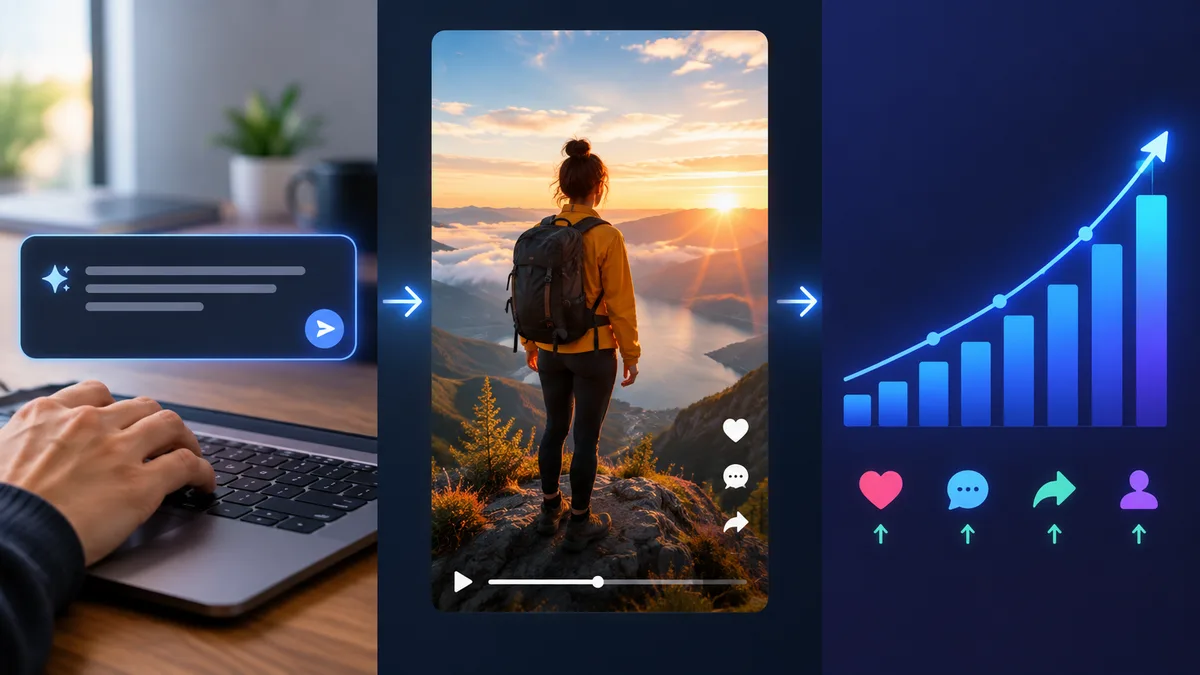 Split-screen showing AI generation process and millions of views on TikTok